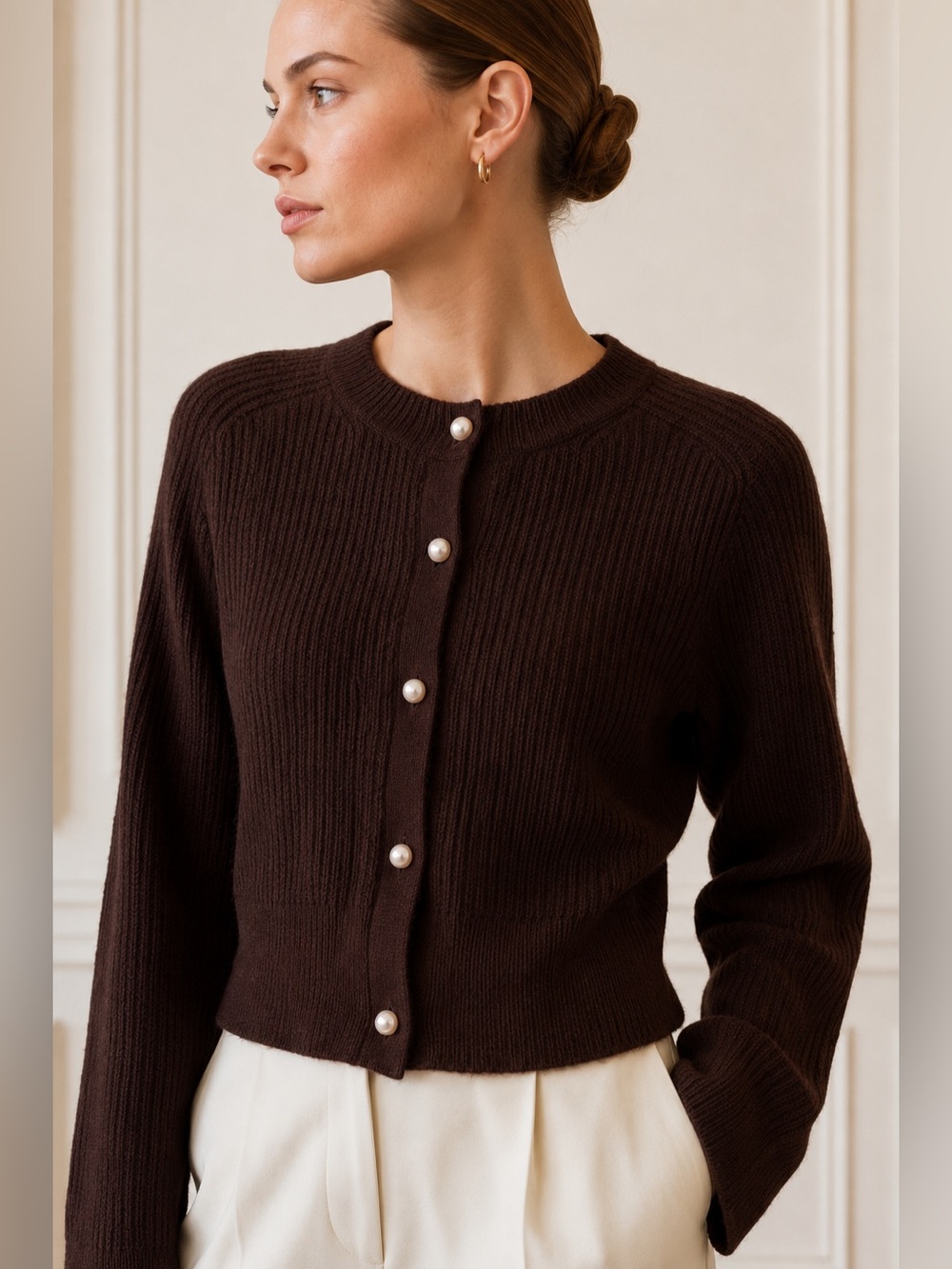 Abercrombie & Fitch Chocolate Brown Pearl Button Ribbed Knit Sweater Cardigan S - Picture 3 of 8